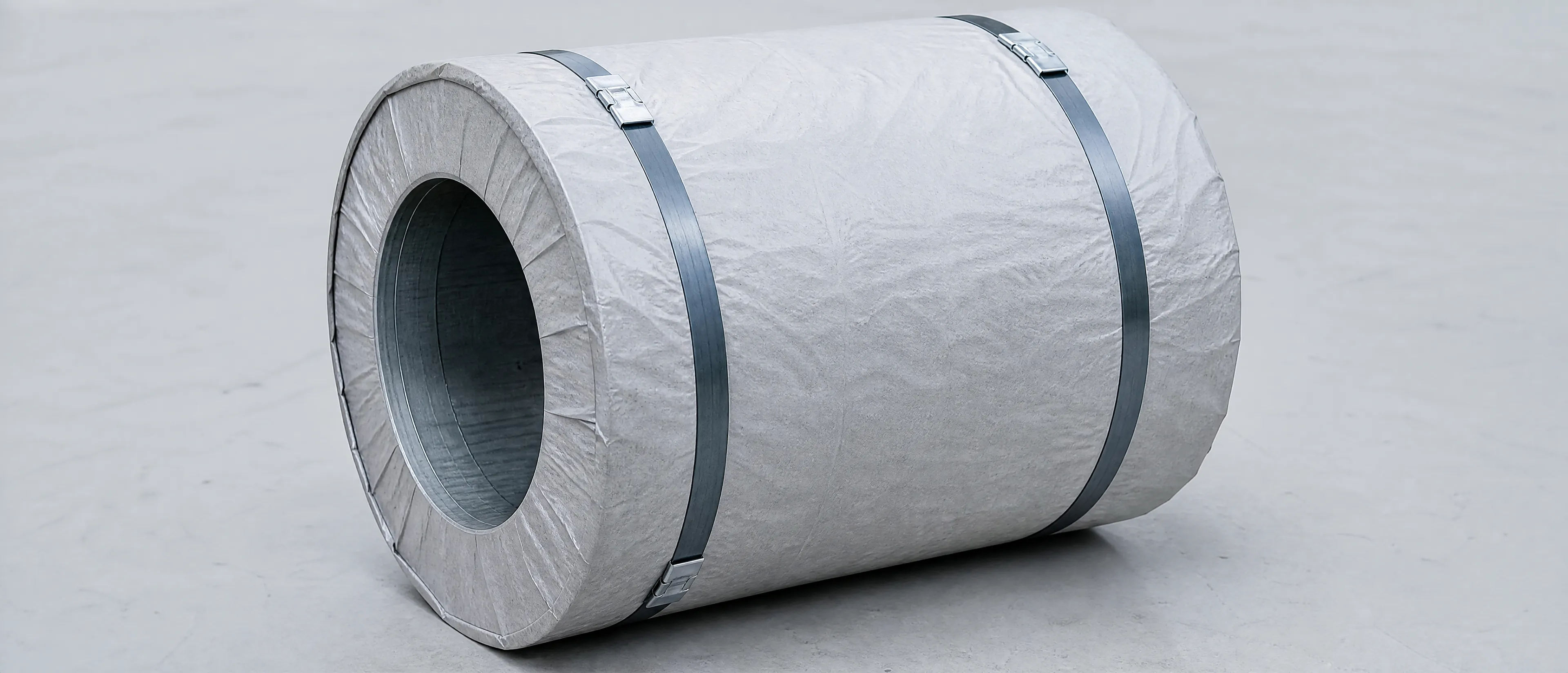Versandfertig verpacktes und umreiftes Coil